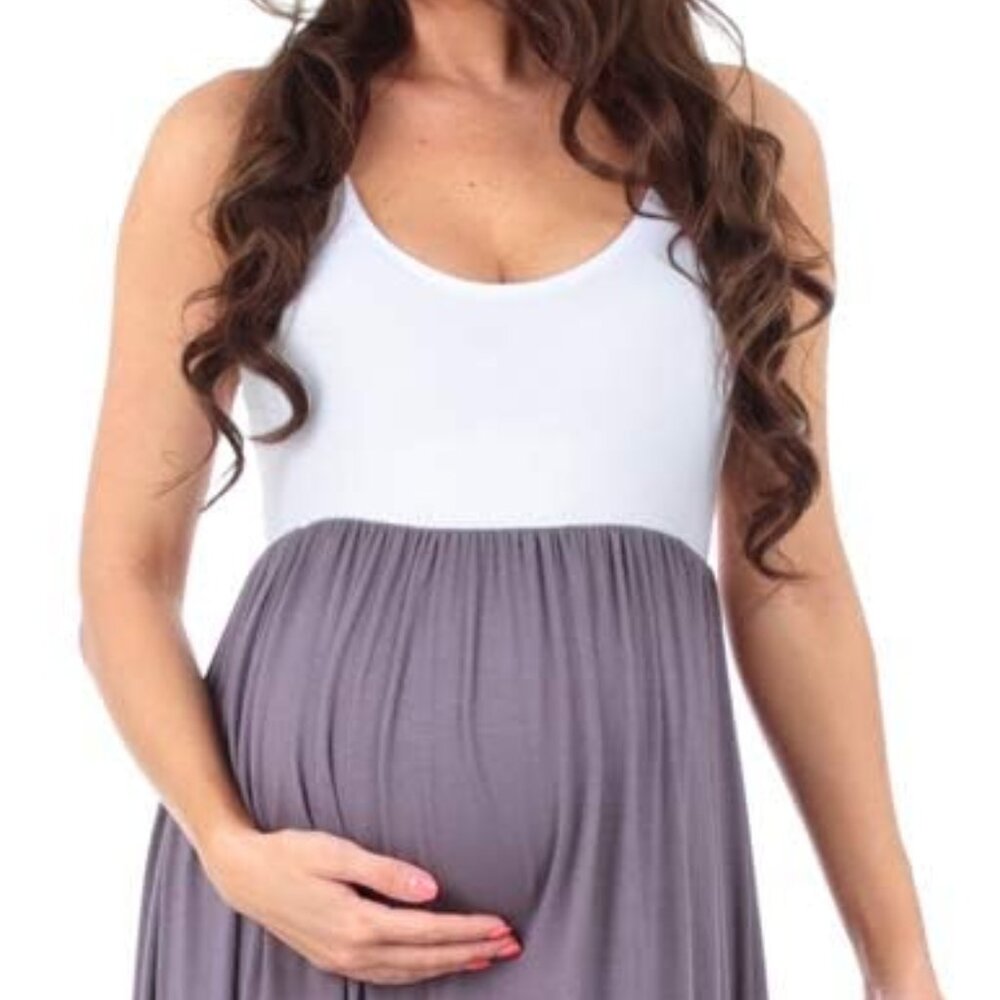 *Maternity* Sleeveless Ruched Waist Color Block Maxi Dress - Picture 2 of 8